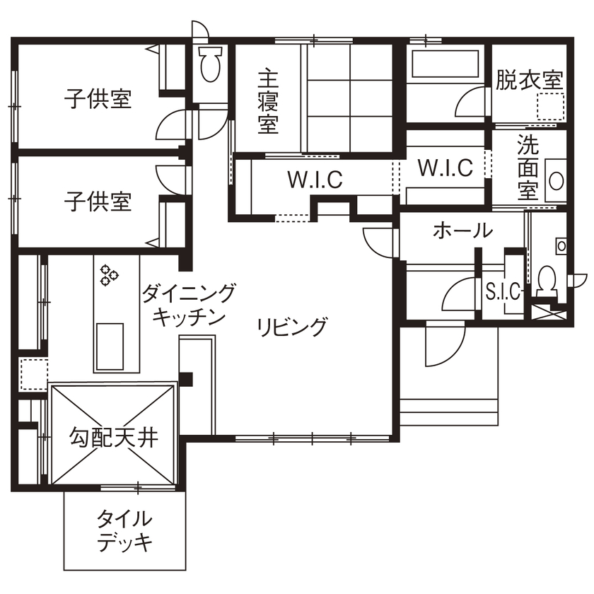 セキスイハイム 【30.5坪/夫婦+子ども2人】大開口の広いLDKや回遊動線、大型収納など、家族を第一に想い設計した平屋住宅の間取り図（3LDK）1階