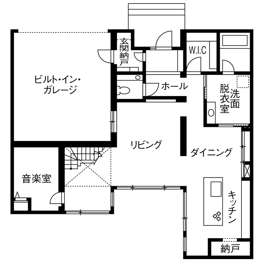 セキスイハイム 【ガレージハウス/夫婦+子ども2人】家具との調和を重視した空間設計。2台分のビルトインガレージを叶えた家の間取り図（5LDK）1階