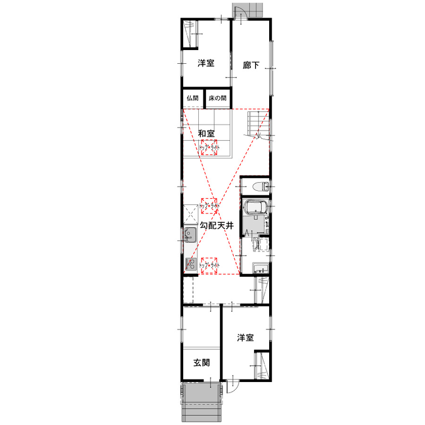 千里殖産 グレーの外観でまとまったスタイリッシュモダンハウスの間取り図（2LDK＋小屋裏収納）1階