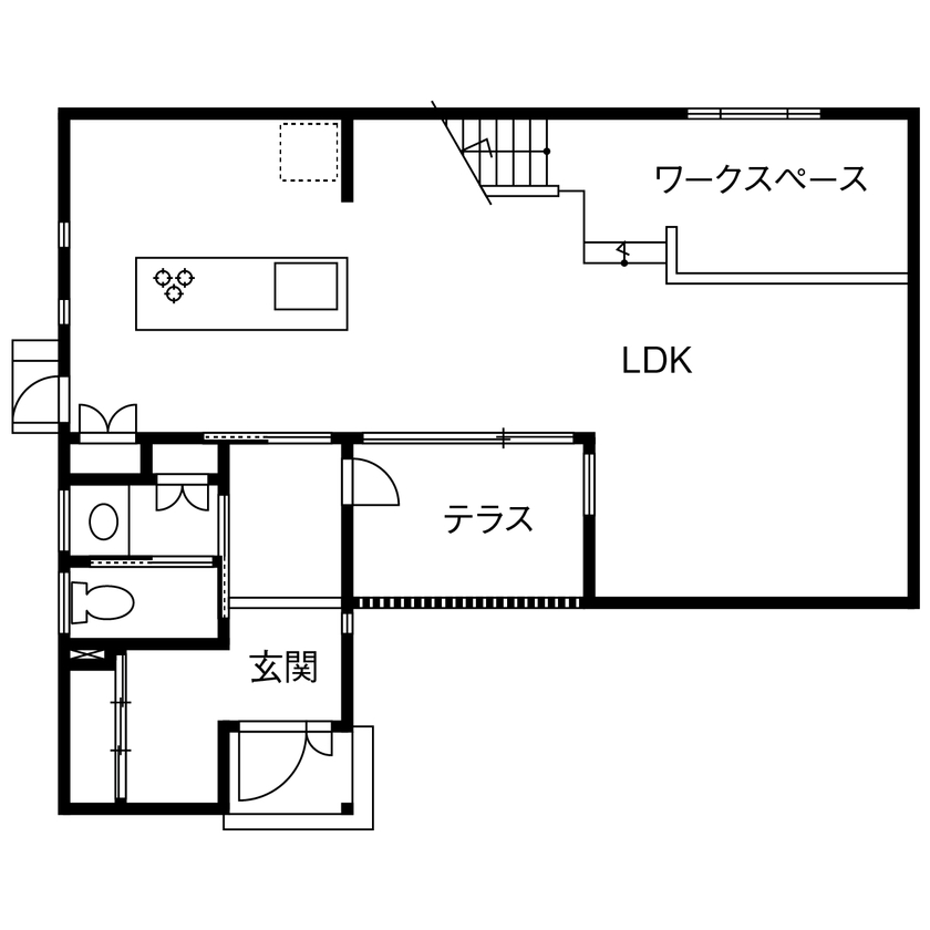 マコトホーム 【栗東/2000万円台/30坪台/土地探し】外からの視線は遮りながら、中庭から光や風を取り込む開放感のある家の間取り図（2LDK）1階