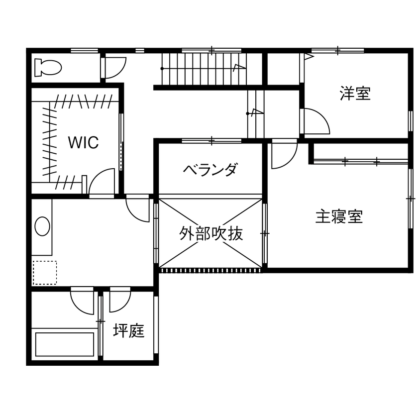 マコトホーム 【栗東/2000万円台/30坪台/土地探し】外からの視線は遮りながら、中庭から光や風を取り込む開放感のある家の間取り図（2LDK）2階