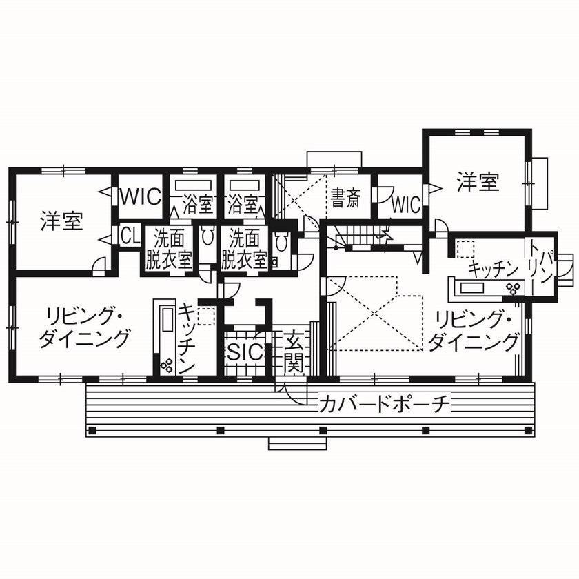 ロビンスジャパン 【3000万円台/89.5坪/完全分離・二世帯住宅/西海岸】カバードポーチの外ごはんが楽しいアメリカンハウスの間取り図（5K以上）1階
