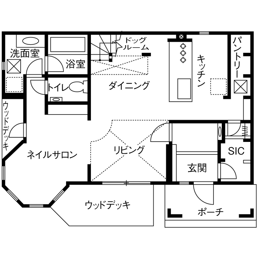 ロビンスジャパン 【2000万円台/36坪/店舗併用/間取り図公開】パノラマウインドウが目を惹くネイルサロン併設の輸入住宅の間取り図（3LDK＋サロン（店舗））1階