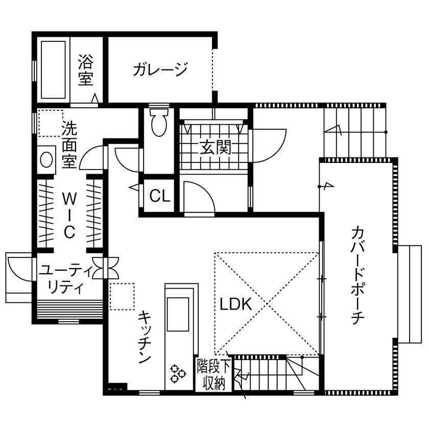 ロビンスジャパン 【1000万円台/25坪/アメリカ住宅/間取り図公開】カバードポーチとバイクガレージと遊び心を楽しむ家の間取り図（2LDK）1階