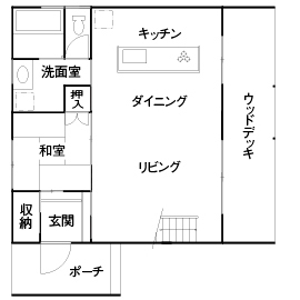 大政建築 【1000万円台/30坪台/4LDK/間取図】見る方向で雰囲気を変える外観。無垢材と緑に囲まれたログハウス風の家の間取り図（4LDK）1階