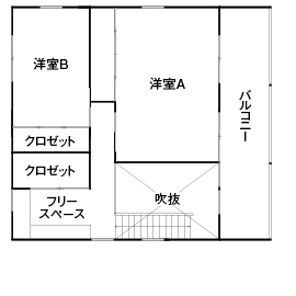 大政建築 【1000万円台/30坪台/4LDK/間取図】見る方向で雰囲気を変える外観。無垢材と緑に囲まれたログハウス風の家の間取り図（4LDK）2階