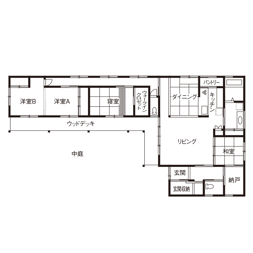 大政建築 【岐阜/平屋/2000万円台/約40坪/和モダン/間取り図】Ｌ字型の間取り＆ウッドデッキで平屋をより楽しく！の間取り図（3LDK）1階