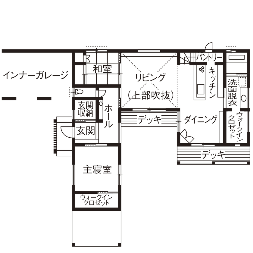 大政建築 【岐阜市/中庭/ビルトインガレージ/間取り図】手仕事感のある造作家具も随所に。天然木のモダンスタイルの間取り図（4LDK）１階
