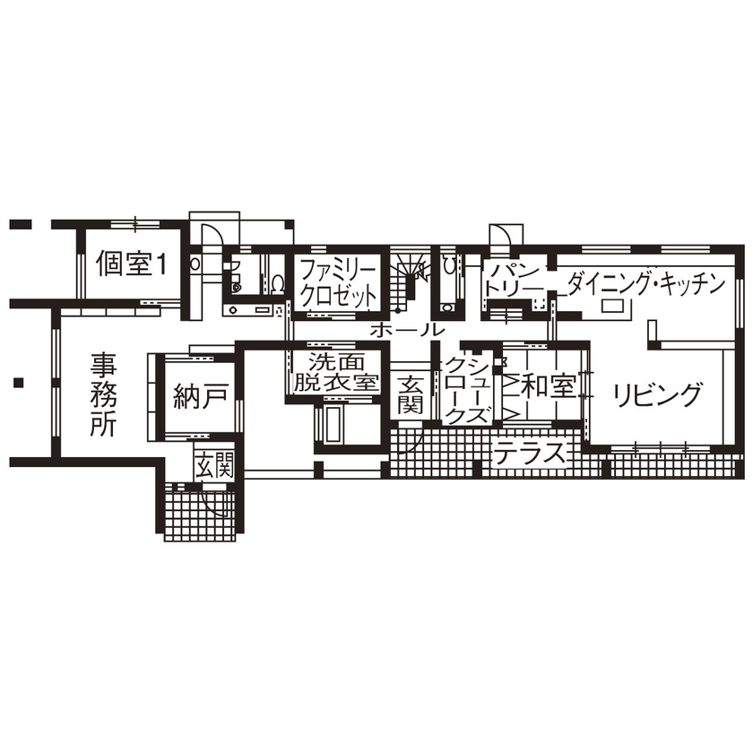 大政建築 【事務所併用住宅/間取り図有】スムーズな動線で毎日が快適。素材感豊かな造作家具がなじむ開放的な住まいの間取り図（5K以上）1階