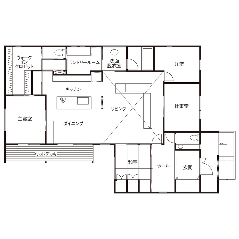 大政建築 【平屋/約50坪/4LDK/3000万円台/間取り図】ガレージと一体感のある美しい平屋。「和」の風格を感じる平屋の間取り図（4LDK）1階