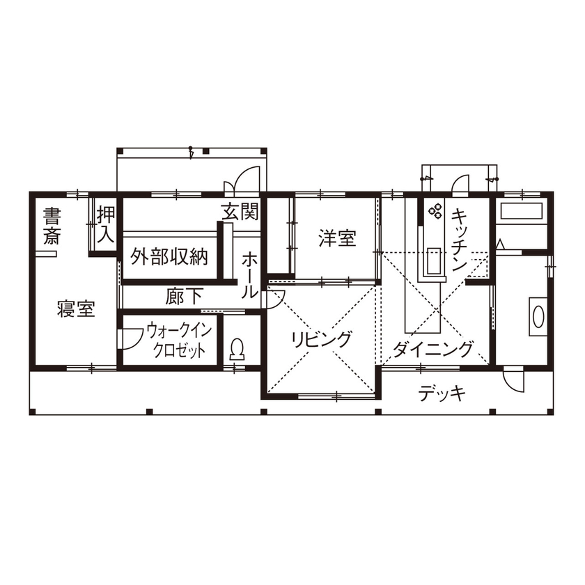大政建築 【平屋/2000万円台/2LDK/吹き抜け/間取り図】薪ストーブに大きな外部ストレージ、趣味を満喫できる平屋の間取り図（2LDK）1階