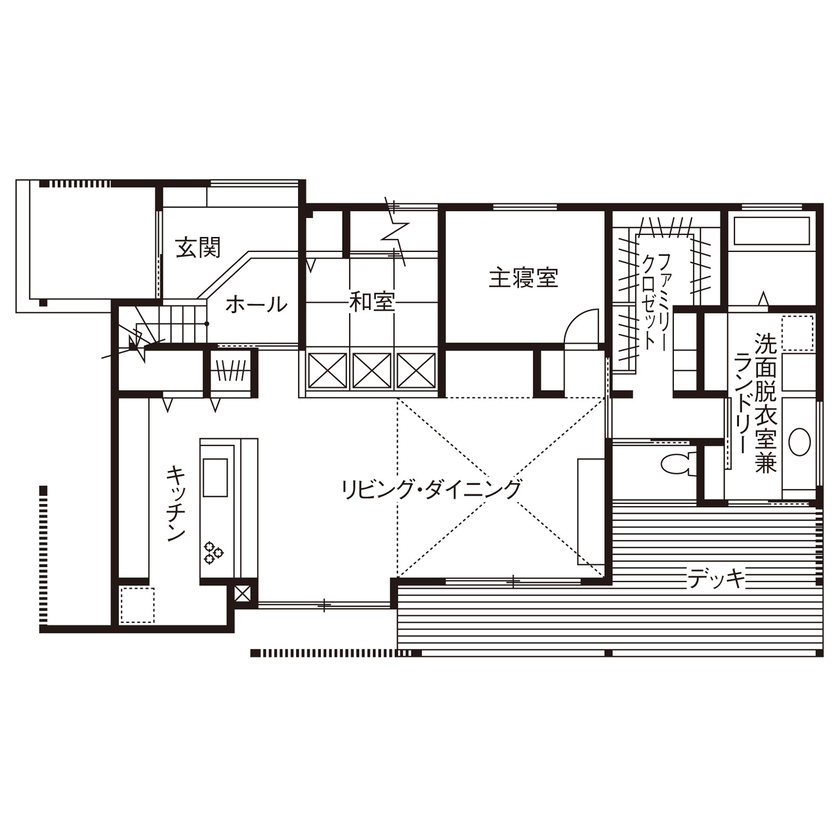 大政建築 【岐阜県/2000万円台/和モダン/間取り図】見晴らしのよい立地を活かした、開放感と素材感を楽しむ住まいの間取り図（3LDK）1階