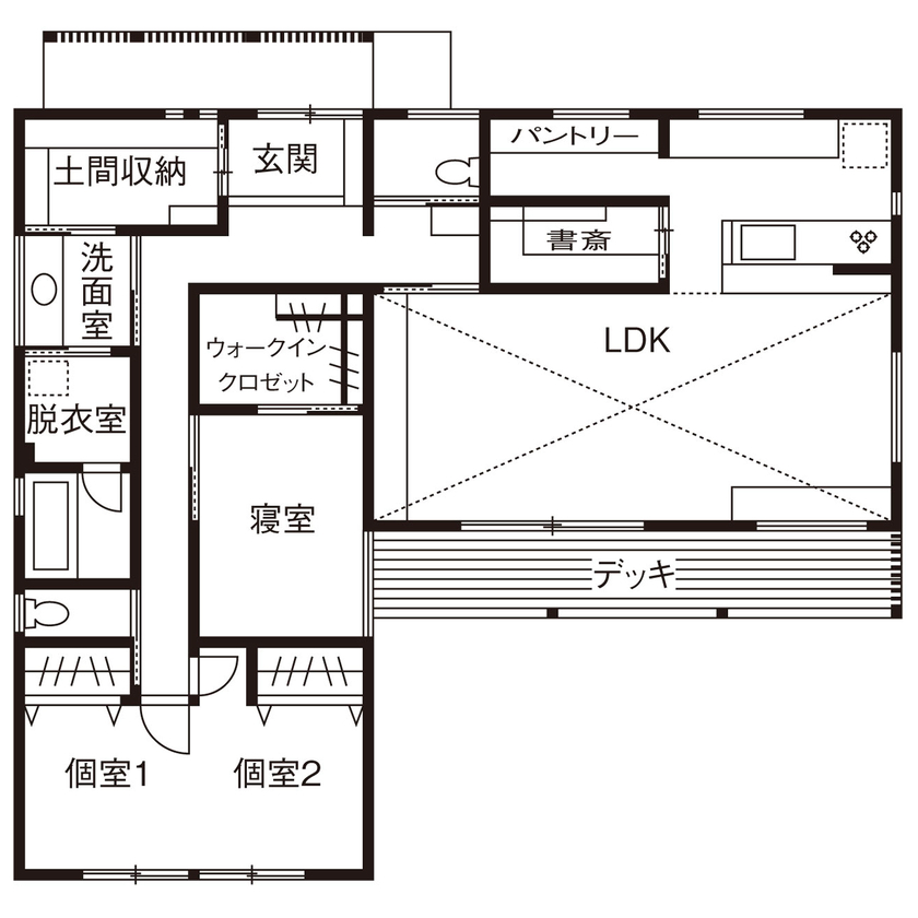 大政建築 【平屋/2000万円台/和モダン/間取り図】ウッドデッキとつながる開放的なLDK。家族時間を楽しむ平屋の住まいの間取り図（2LDK＋書斎）1階