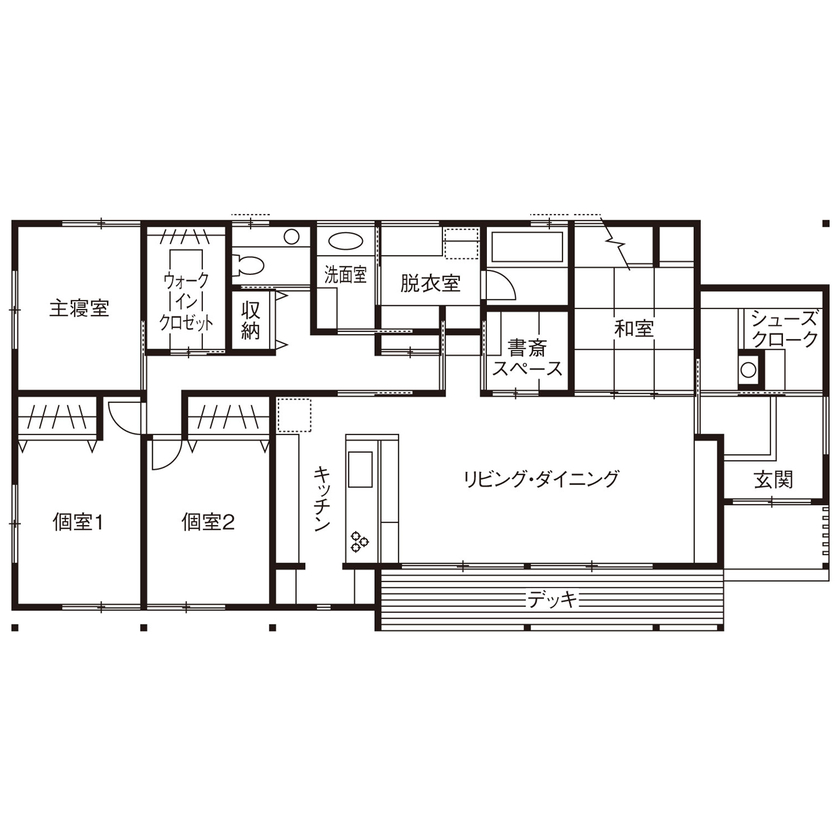大政建築 【2000万円台/平屋/30坪台/間取り図】天井の高い開放的なリビング。自然光と素材感を楽しむ平屋の住まいの間取り図（4LDK）1階