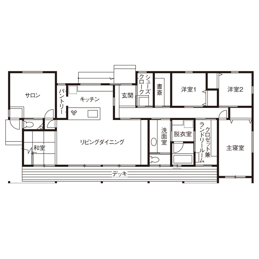 大政建築 【2000万円台/平屋/店舗併用/30坪台/間取り図】素材感豊かな造作家具が馴染む、動線にこだわった平屋建ての間取り図（4LDK）1階