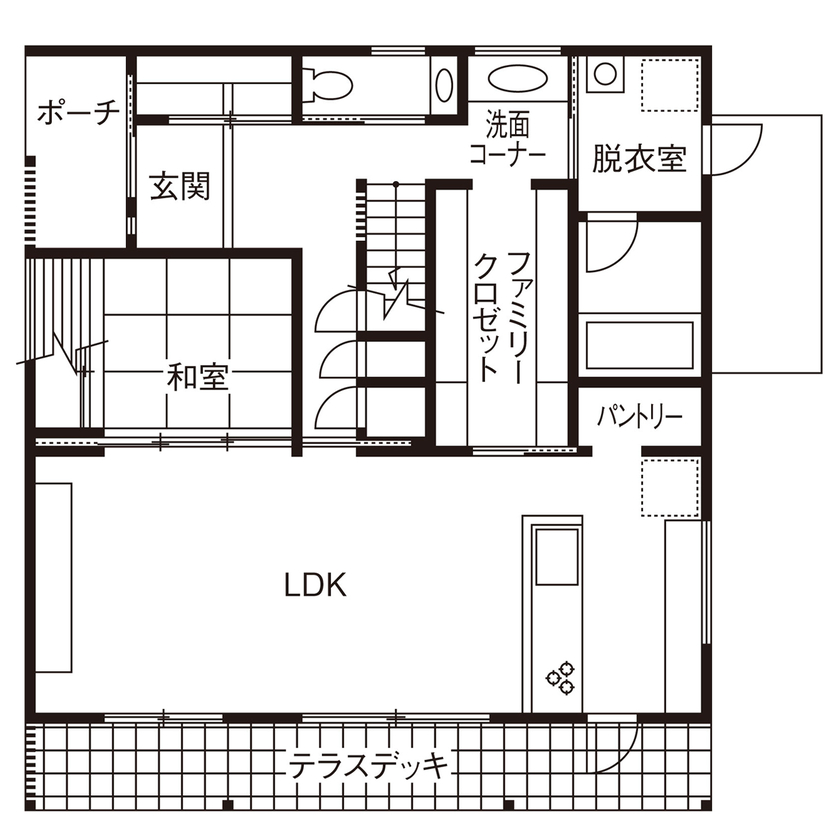 大政建築 【愛知県/2000万円台/和モダン/間取図有】深い軒が風格を演出。造作建具や窓の高さをそろえた美しい住空間の間取り図（4LDK）1階