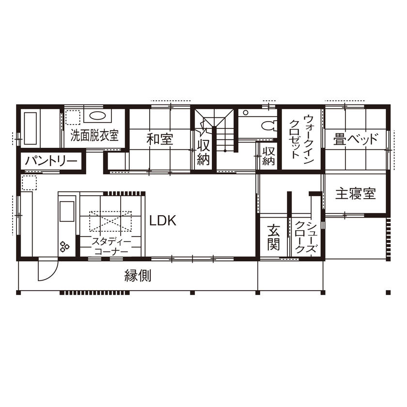 大政建築 【岐阜県/2000万円台/和モダン/間取図有】縁側をアウトドアリビングに。木の素材感と和の趣あふれる家の間取り図（4LDK）1階