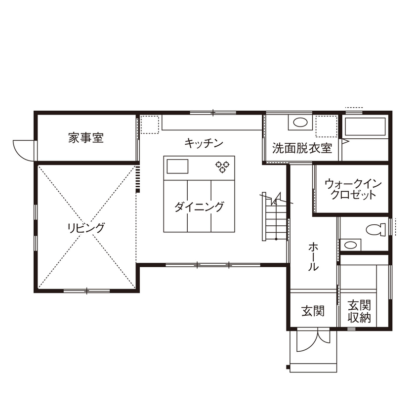 大政建築 【愛知県/2000万円台/和モダン/間取図有】吹抜けリビングや畳ダイニングが楽しい和モダンな住まいの間取り図（3LDK）1階