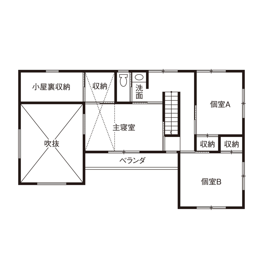 大政建築 【愛知県/2000万円台/和モダン/間取図有】吹抜けリビングや畳ダイニングが楽しい和モダンな住まいの間取り図（3LDK）2階
