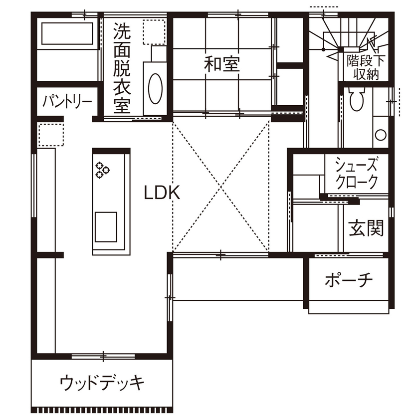 大政建築 【三重県/2000万円台/和モダン/間取図有】吹抜けリビングが開放的な、無垢材と漆喰に囲まれた心地よい家の間取り図（3LDK）1階