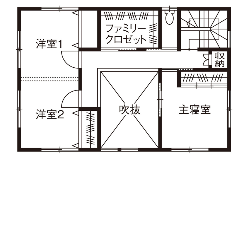 大政建築 【三重県/2000万円台/和モダン/間取図有】吹抜けリビングが開放的な、無垢材と漆喰に囲まれた心地よい家の間取り図（3LDK）2階