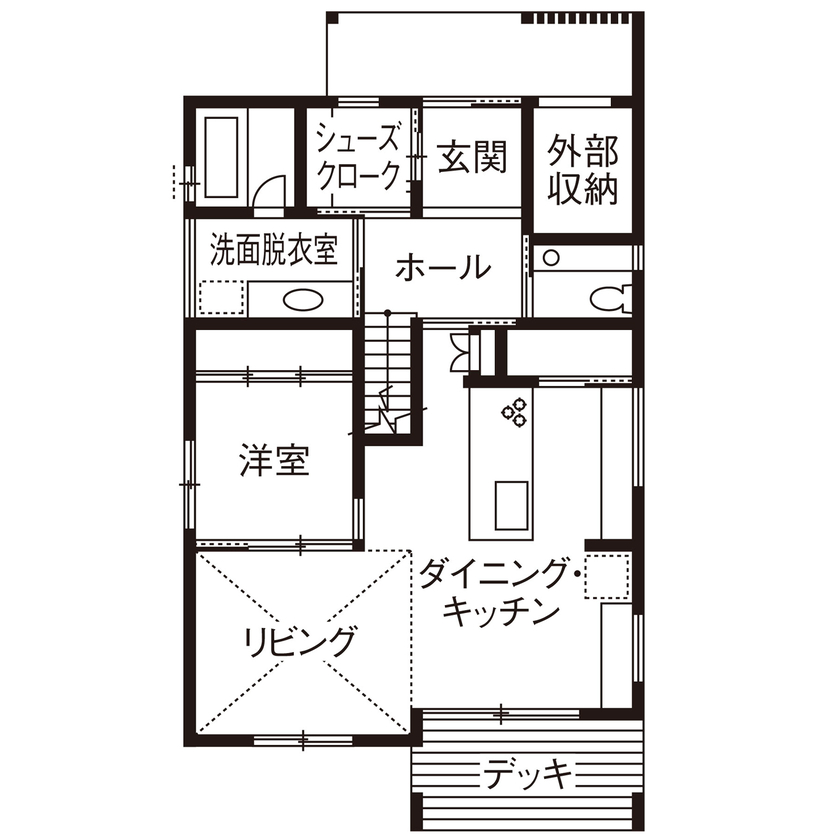 大政建築 【岐阜県/ナチュラルモダン/自然素材/間取図有】面積以上に広がりを感じる、開放感と素材感を楽しむ住まいの間取り図（3LDK）1階
