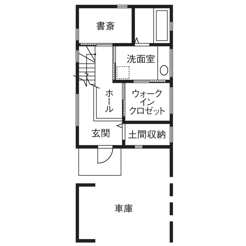 USホーム 大阪市内の約19坪、間口4.6メートルの敷地に無垢いっぱいの3階建ての家。スケルトン階段で視線が伸びやかにの間取り図（5K以上）1階