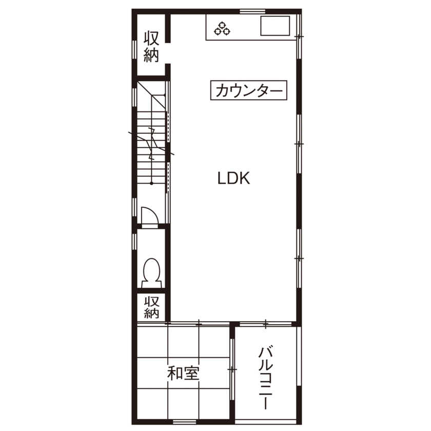 USホーム 大阪市内の約19坪、間口4.6メートルの敷地に無垢いっぱいの3階建ての家。スケルトン階段で視線が伸びやかにの間取り図（5K以上）2階