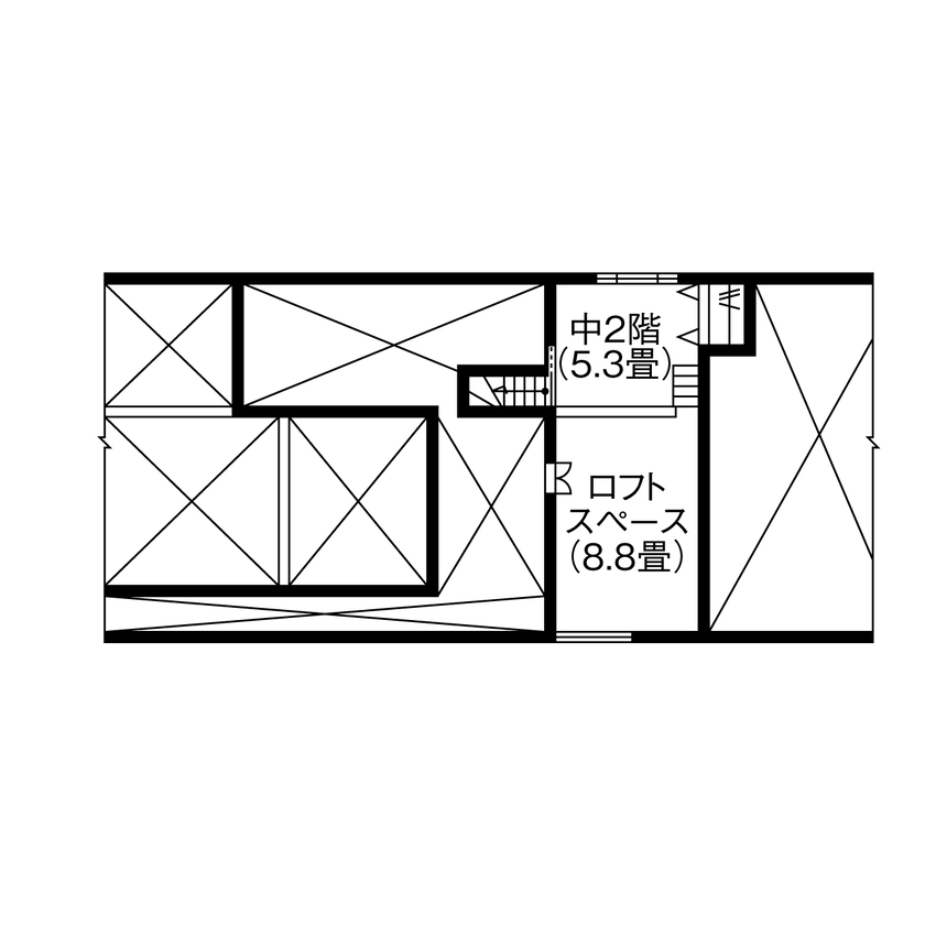 Homie Design（ホーミーデザイン） 【1000万円台｜平屋｜35坪｜間取り図】中2階＆ロフトの「＋空間」でゆったり。ZEH仕様のジャパンディな平屋の間取り図（2LDK＋中2階＋ロフト）ロフト