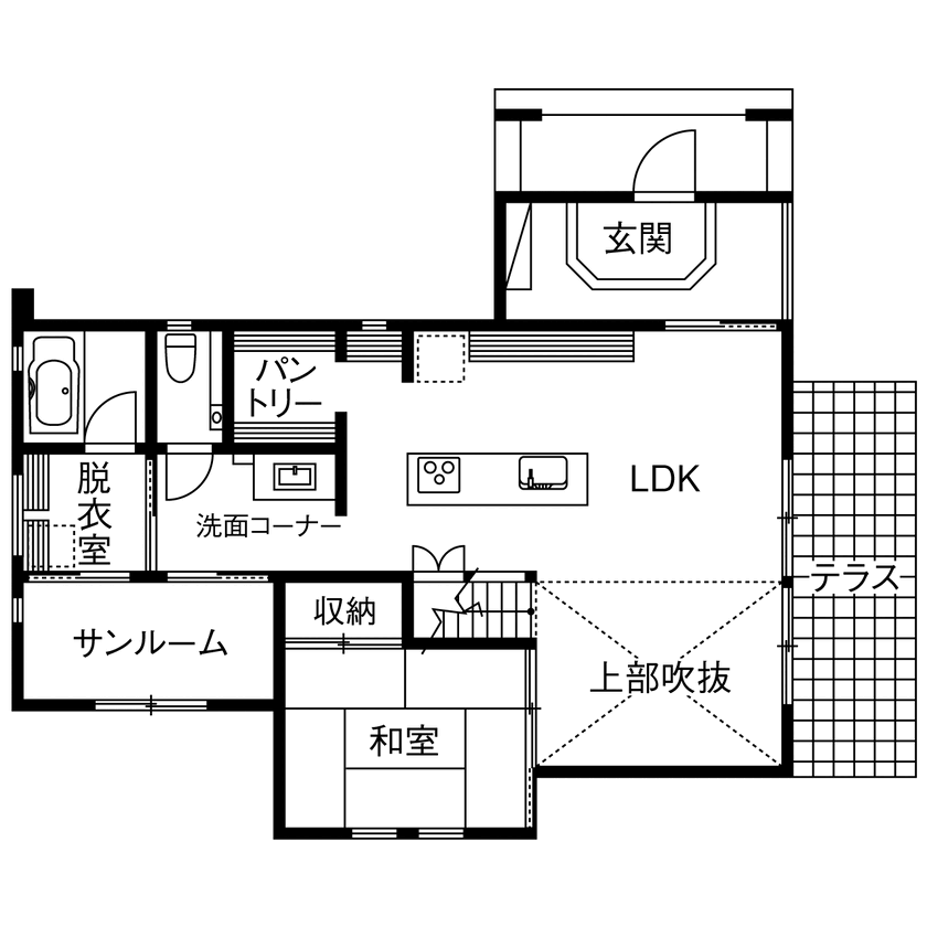 フィアスホーム 【2574万円／サンルーム／アイランドキッチン／間取図有】デザイン＆性能にこだわった「帰りたくなる家」の間取り図（3LDK）1階