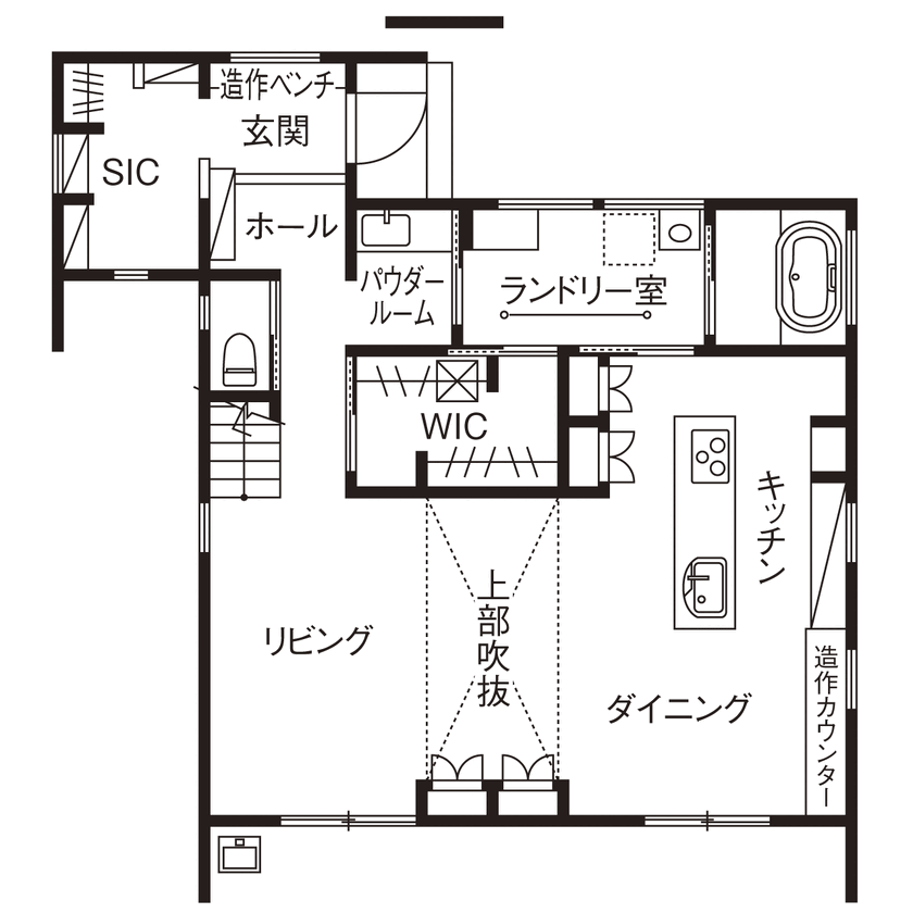フィアスホーム 【3369万円／吹抜／家事動線／間取図】スタイリッシュなデザインと性能を両立させ、心地よい暮らしを楽しむの間取り図（3LDK）1階