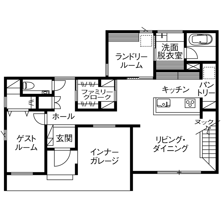 フィアスホーム 【ガレージ／ヌック／家事動線／間取図】「夜中に授乳しても寒くない！」。愛車との暮らしも叶えた住まいの間取り図（3LDK+洗濯室+WIC）1階
