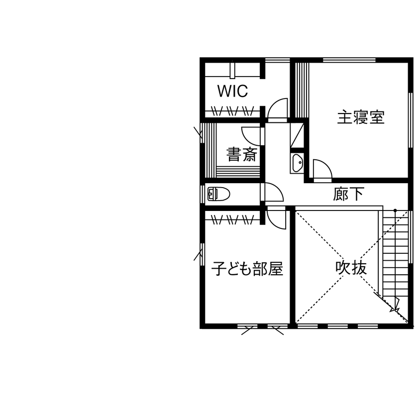 フィアスホーム 【ガレージ／ヌック／家事動線／間取図】「夜中に授乳しても寒くない！」。愛車との暮らしも叶えた住まいの間取り図（3LDK+洗濯室+WIC）2階