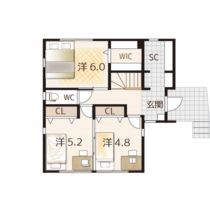 ＩＳＨＩＤＡの家　石田工務店 【28.8坪｜間取図｜2階リビング】開放感あふれる吹抜けのリビングは大きな窓から光が降り注ぐの間取り図（2LDK）1階