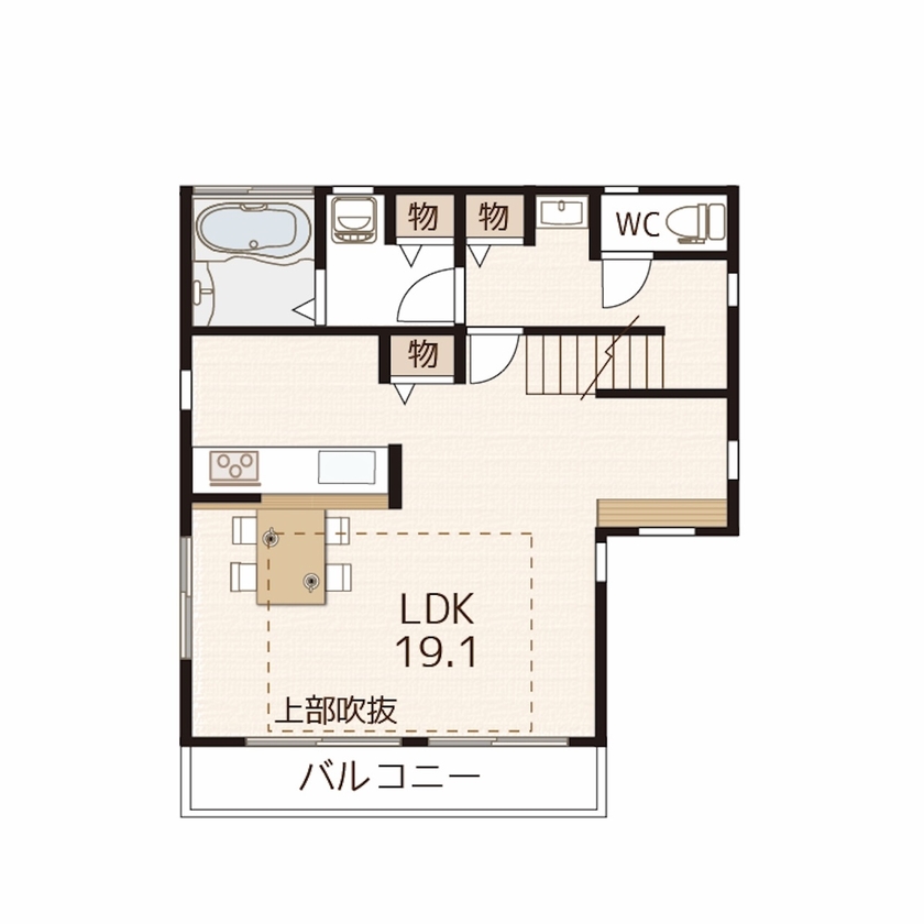 ＩＳＨＩＤＡの家　石田工務店 【28.8坪｜間取図｜2階リビング】開放感あふれる吹抜けのリビングは大きな窓から光が降り注ぐの間取り図（2LDK）2階