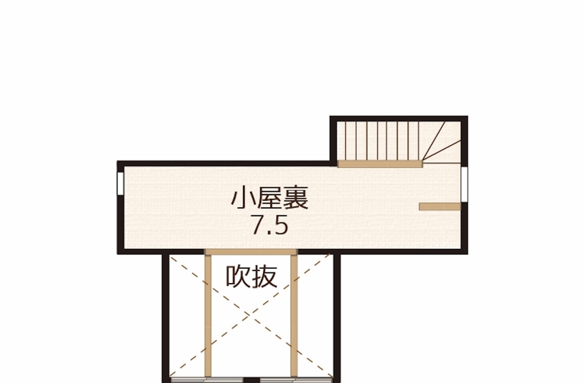 ＩＳＨＩＤＡの家　石田工務店 【28.8坪｜間取図｜2階リビング】開放感あふれる吹抜けのリビングは大きな窓から光が降り注ぐの間取り図（2LDK）小屋裏