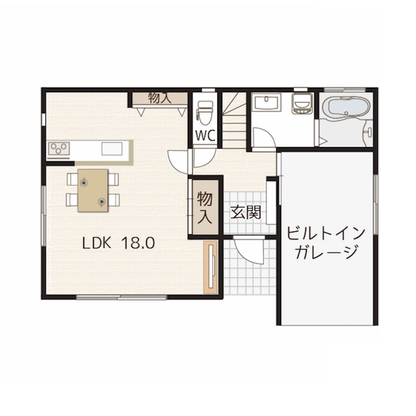 ＩＳＨＩＤＡの家　石田工務店 【32.9坪｜間取図｜ビルトインガレージ】無垢のフローリングが気持ちよく、木を感じられる家の間取り図（2LDK）1階