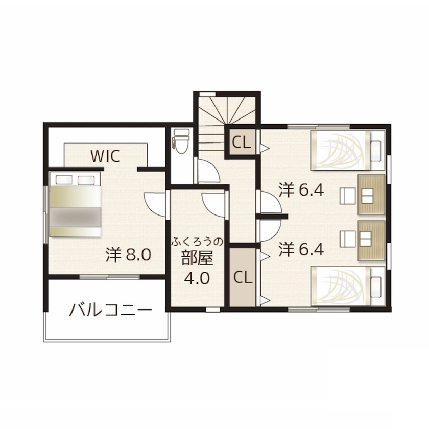 ＩＳＨＩＤＡの家　石田工務店 【32.9坪｜間取図｜ビルトインガレージ】無垢のフローリングが気持ちよく、木を感じられる家の間取り図（2LDK）2階