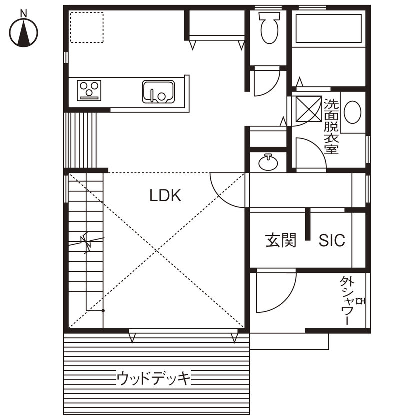 【湘南品質の家】ハートフルホーム 【湘南/2000万円台/平塚市/20坪台/ウッドデッキ/間取り図】湘南暮らしを楽しむリゾートホテルのような家の間取り図（2LDK＋書斎）1階