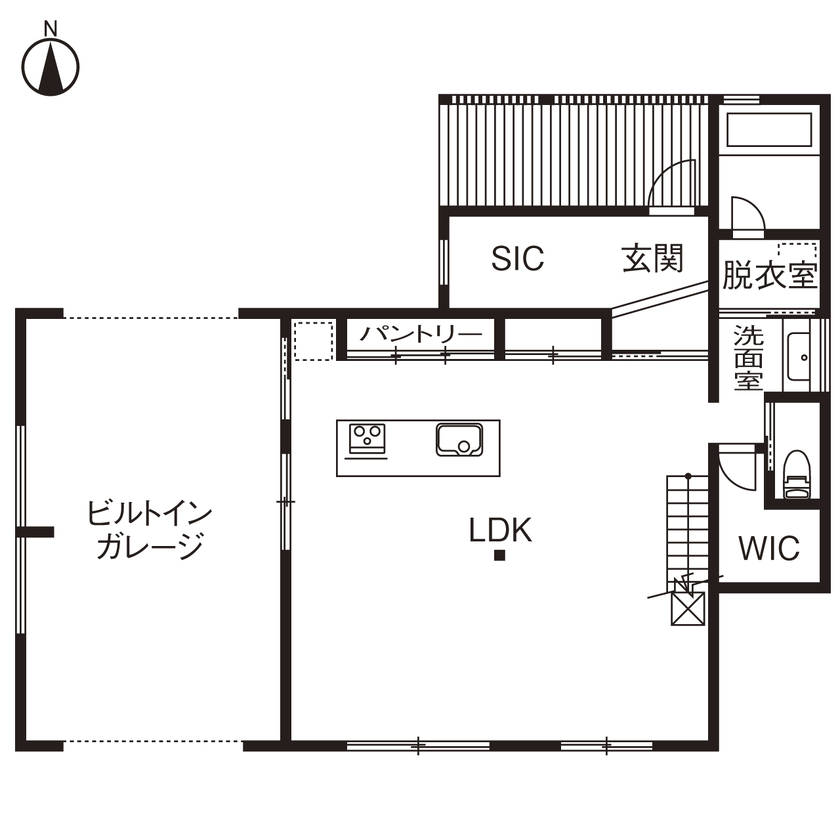 【湘南品質の家】ハートフルホーム 【3000万円台/50坪/全館空調/間取り図】アウトドアや趣味の愛車を楽しむ憧れのアメリカンガレージハウスの間取り図（3LDK＋ガレージ）1階