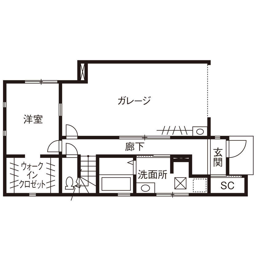 SH-Space（エスエイチスペース） 【3000万円台/37.3坪/間取り図】趣味も仕事も日常も、すべてを全力で楽しむガレージハウスの間取り図（2LDK＋ガレージ）1階