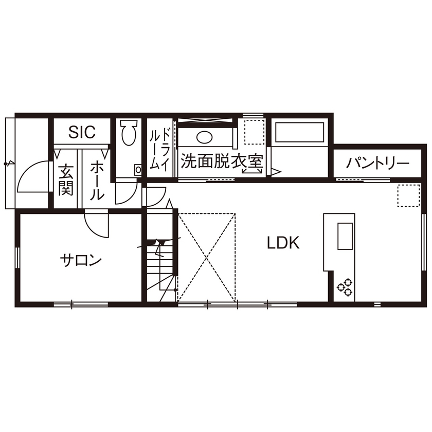 SH-Space（エスエイチスペース） 【2000万円台/30坪】暮らしも仕事も思う存分満喫！エレガントなイギリス風のサロン併設住宅の間取り図（3LDK）1階