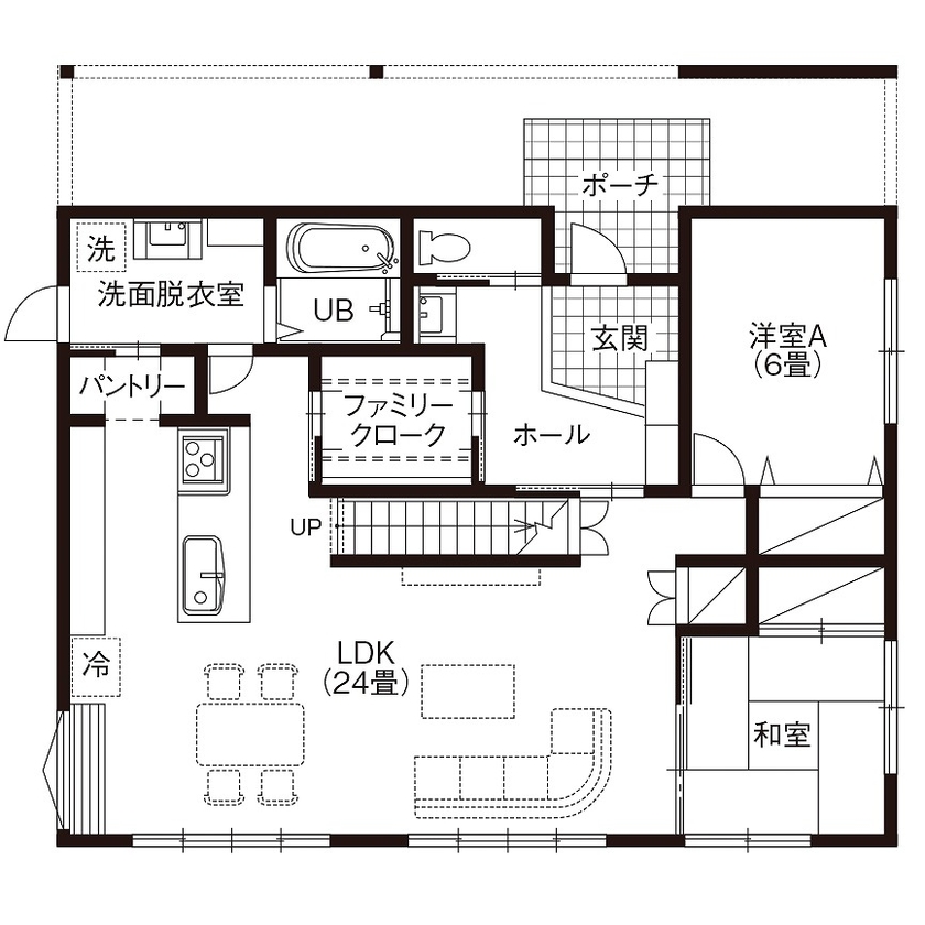 荒井工務店 【2000万円台・間取図有】シンプル且つモダンな空間。家族がつながる家事動線にこだわった住まいの間取り図（4LDK）1階