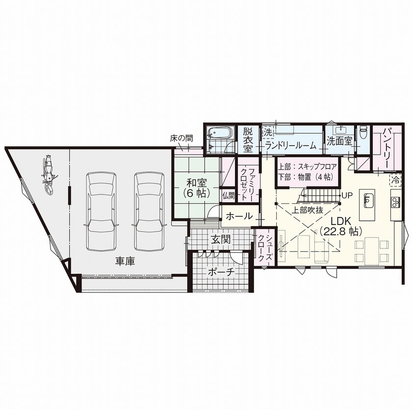 荒井工務店 【4000万円～・間取図有】ガレージ×スキップフロア。趣味を楽しむモダンテイストの洗練された邸宅の間取り図（3LDK）1階