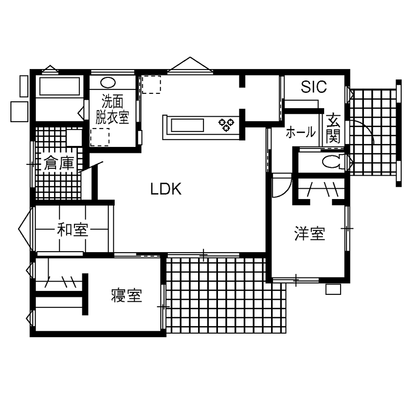 can wood 【1000万円台／コの字型／平屋】勾配天井で広々空間。家族の会話も増える平屋の家の間取り図（2LDK）1階