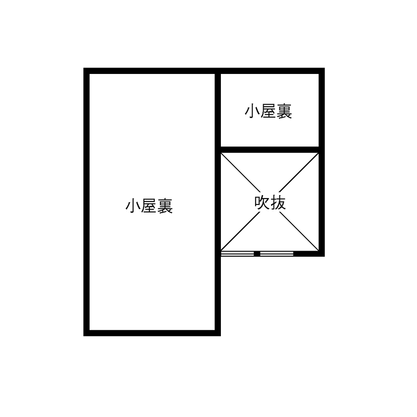 can wood 【1000万円台／コの字型／平屋】勾配天井で広々空間。家族の会話も増える平屋の家の間取り図（2LDK）小屋裏