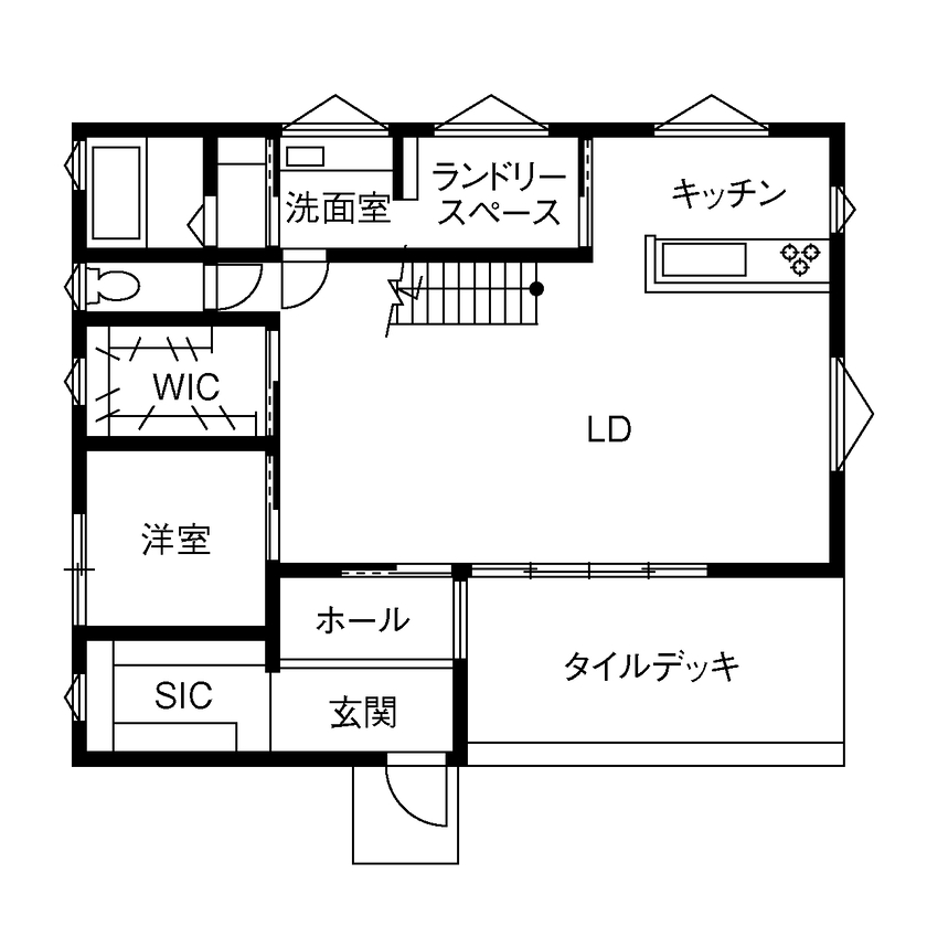 can wood 【1000万円台／吹き抜け／デッキ】家族時間を楽しむ吹き抜けリビング。広々デッキや快適動線も実現の間取り図（3LDK）1階