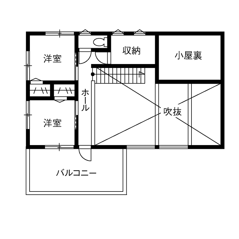 can wood 【1000万円台／吹き抜け／デッキ】家族時間を楽しむ吹き抜けリビング。広々デッキや快適動線も実現の間取り図（3LDK）2階