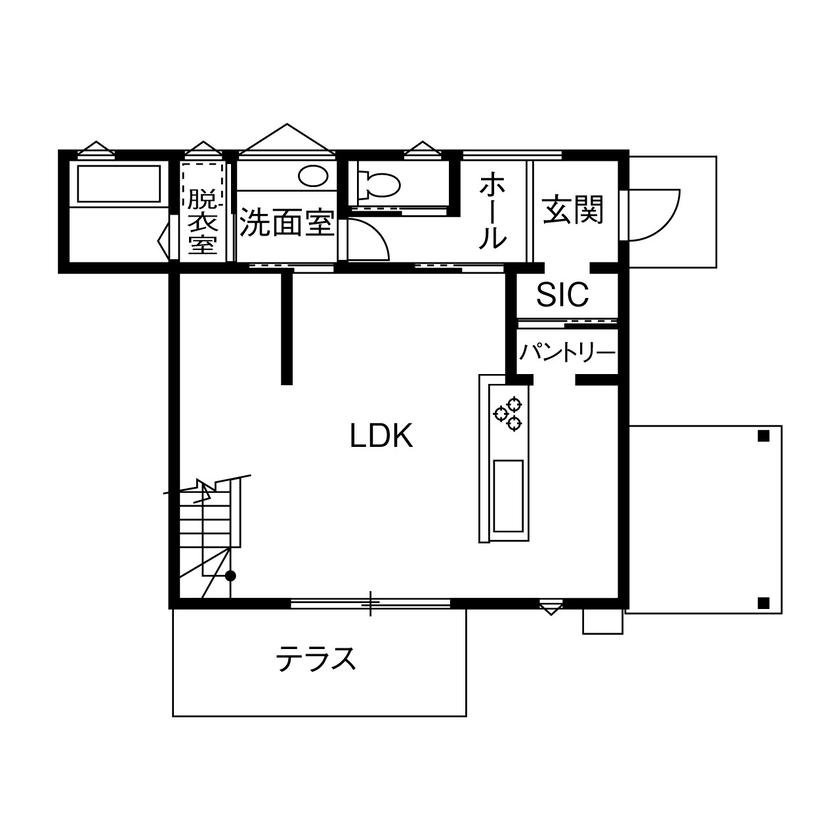can wood 【1000万円台／自然素材／家事らく動線】漆喰の塗壁と無垢材に包まれた自然素材の家の間取り図（4LDK）1階