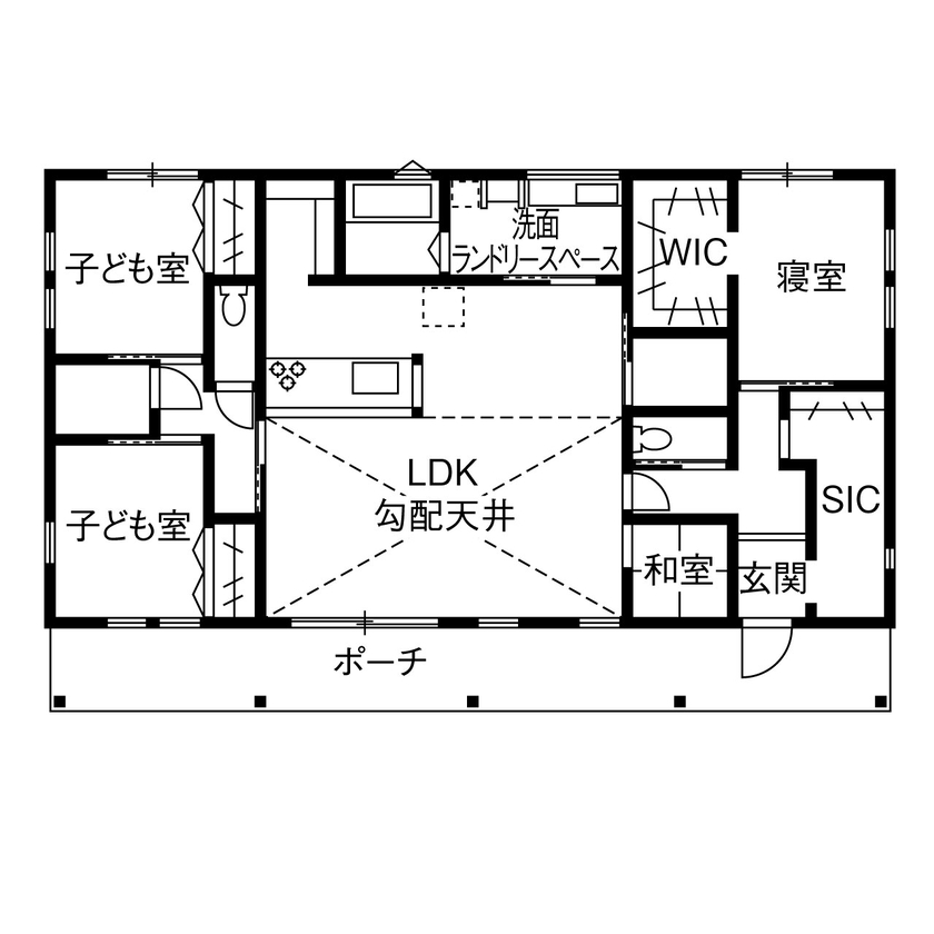 can wood 【2000万円台／勾配天井／ポーチ】切妻屋根のシンメトリーデザイン。開放感のあるサーファーズハウスの間取り図（4LDK）1階